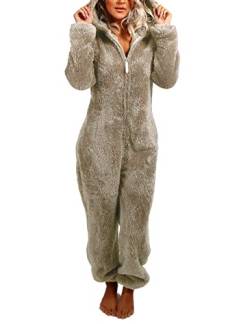 Yassiglia Damen Herbst Winter Elegant Overall Einteiler Fleece Pyjama Warm Plüsch Schlafanzug Frauen Nachtwäsche Langarm Hooded Jumpsuit Homewear S-5XL (Khaki, M) von Yassiglia