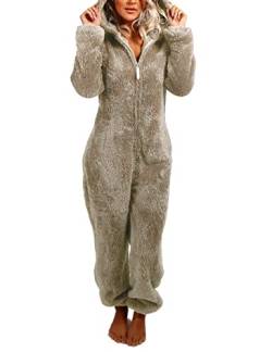 Yassiglia Damen Herbst Winter Elegant Overall Einteiler Fleece Pyjama Warm Plüsch Schlafanzug Frauen Nachtwäsche Langarm Hooded Jumpsuit Homewear S-5XL (Khaki, S) von Yassiglia