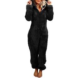 Yassiglia Damen Herbst Winter Elegant Overall Einteiler Fleece Pyjama Warm Plüsch Schlafanzug Frauen Nachtwäsche Langarm Hooded Jumpsuit Homewear S-5XL (Schwarz, L) von Yassiglia