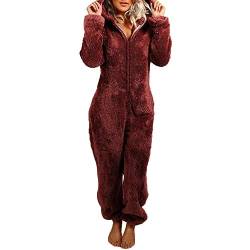 Yassiglia Damen Herbst Winter Elegant Overall Einteiler Fleece Pyjama Warm Plüsch Schlafanzug Frauen Nachtwäsche Langarm Hooded Jumpsuit Homewear S-5XL (Weinrot, M) von Yassiglia