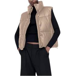 Yassiglia Damen Kurze Weste Ärmellose Daunenweste ohne Kapuze Leichte Warme Steppweste Stehkragen, zwei Seitentaschen, PU Leder (Beige, M) von Yassiglia