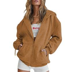 Yassiglia Damen Oversize Pullover Sweatjacke mit Kapuze Elegant Hoodies für Teenager Mädchen Y2K Zip Up Kapuzenpullover Gothic Jacke mit Taschen (A Braun, M) von Yassiglia