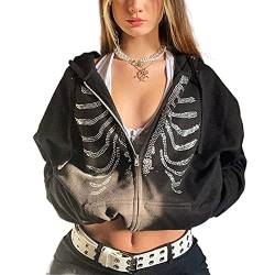 Yassiglia Damen Oversize Pullover Sweatjacke mit Kapuze Elegant Hoodies für Teenager Mädchen Y2K Zip Up Kapuzenpullover Gothic Jacke mit Taschen (Schwarz mit Muster, S) von Yassiglia