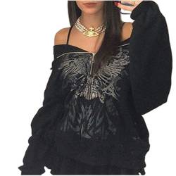 Yassiglia Damen Oversize Pullover Sweatjacke mit Kapuze Elegant Hoodies für Teenager Mädchen Y2K Zip Up Kapuzenpullover Gothic Jacke mit Taschen (Schwarz mit Muster A, L) von Yassiglia