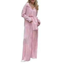 Yassiglia Damen Plissee Zweiteiler Outfit Elegant 2 Teiler Hosenanzug Set Frauen Langarmshirt + High Waist Freizeithose Outfits Sommer Herbst Loungewear Streetwear(Rosa, Large) von Yassiglia