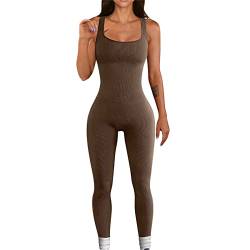 Yassiglia Damen Ripped Yoga Jumpsuit Sexy Bodycon Hosenanzug Sport Jumpsuits Langram Trainingsanzug Einteiler Overall Große Größen,Günstig, Elegant, Eng, Sportlich (Braun Ärmellos, S) von Yassiglia