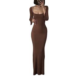 Yassiglia Damen Sexy Bodycon Maxikleid Tiefe Ausschnitt Spaghetti-Träger Kleid Sommer Cami Kleid fürParty Club Streetwear Elegant, Casual, Sexy, Lang (Braun Langarm, S) von Yassiglia