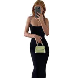 Yassiglia Damen Sexy Bodycon Maxikleid Tiefe Ausschnitt Spaghetti-Träger Kleid Sommer Cami Kleid fürParty Club Streetwear Elegant, Casual, Sexy, Lang (Schwarz, Small) von Yassiglia