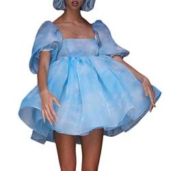 Yassiglia Damen Süße Elegante Kleider Puffärmel Tüllkleid Quadratischer Ausschnitt Prinzessin Minikleid Bubble Sleeve Mesh Kleid A-Linie Partykleid (Blau B, S) von Yassiglia