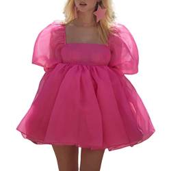 Yassiglia Damen Süße Elegante Kleider Puffärmel Tüllkleid Quadratischer Ausschnitt Prinzessin Minikleid Bubble Sleeve Mesh Kleid A-Linie Partykleid (Dunkel Rosa, L) von Yassiglia