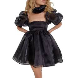 Yassiglia Damen Süße Elegante Kleider Puffärmel Tüllkleid Quadratischer Ausschnitt Prinzessin Minikleid Bubble Sleeve Mesh Kleid A-Linie Partykleid (Schwarz A, S) von Yassiglia