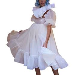 Yassiglia Damen Süße Elegante Kleider Puffärmel Tüllkleid Quadratischer Ausschnitt Prinzessin Minikleid Bubble Sleeve Mesh Kleid A-Linie Partykleid (Weiß, XXL) von Yassiglia