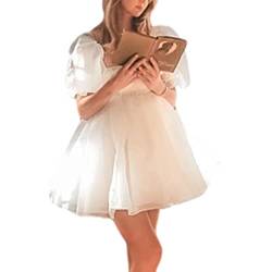 Yassiglia Damen Süße Elegante Kleider Puffärmel Tüllkleid Quadratischer Ausschnitt Prinzessin Minikleid Bubble Sleeve Mesh Kleid A-Linie Partykleid (Weiß A, M) von Yassiglia