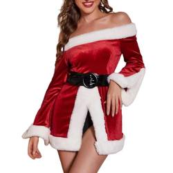 Yassiglia Damen Weihnachtskleid Sexy Weihnachtskostüm Frauen Elegantes Weihnachten Pulloverkleid Slim Fit Langarm Kleid Weihnachtsmann Cosplay Kostüm für Party Club (C-Rot Set, M) von Yassiglia