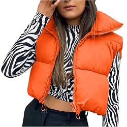 Yassiglia Damen Weste Kurze Ärmellose Jacke Warme Steppweste ohne Kapuze Daunenweste WinterStehkragen, Gesteppt, Leicht (Orange, Medium) von Yassiglia