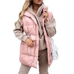 Yassiglia Damen Winter Lange Weste mit Kapuze Ärmellose Stehkragen Daunenweste mit Taschen Verdickte Leichte Steppweste Warme Winterweste Gesteppte Longweste S-XXL (Rosa, XL) von Yassiglia