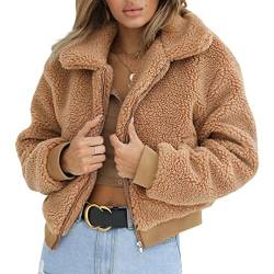 Yassiglia Damen Winterjacke Warm Teddyfleece Jacke Mädchen Elegant Pullover Fleecejacke Ohne Kapuze Flauschige Jacke Herbst Winter Sweatjacke (Braun, XL) von Yassiglia