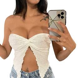 Yassiglia Damen Y2K Spitze Bandeau Top Sexy Tube Top Mesh Lace Patchwork Crop Tops Transparent Oberteil Sommer Lang Tank Top (B Weiß, L) von Yassiglia