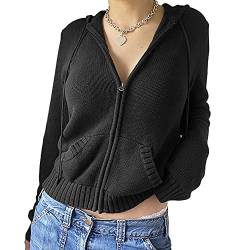 Yassiglia Damen Y2K Zip Up Hoodie Langarm Crop Top Jacke Herbst Sweatjacke mit Kapuze Übergangsjacke Zipper Pullover für Teenager Mädchen (B-Schwarz, L) von Yassiglia