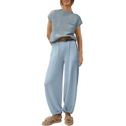 Yassiglia Elegantes Set Damen Zweiteiler Outfit Hose Und Top Business Lässig Anzug Sommer Kurzarm Strickpullover + Freizeithose Loungewear Streetwear (Blau, S) von Yassiglia