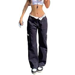 Yassiglia Frauen Cargo Hose Damen Low Waist Weites Bein Crago Pants Y2K Baggy Jeans für Teenager Mädchen Casual Bauchweg Hosen Streetwear (Dunkelblau Low Waist, S) von Yassiglia