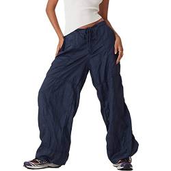 Yassiglia Frauen Cargo Hose Damen Low Waist Weites Bein Crago Pants Y2K Baggy Jeans für Teenager Mädchen Casual Bauchweg Hosen Streetwear (Navy Blau, M) von Yassiglia