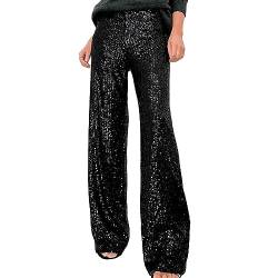 Yassiglia Glitzer Hose Damen Wide Leg High Waist Hose mit Pailletten 70er Elegante Schlaghose Stretch Hosen für Club Party Fest Tanzen (A-Schwarz, S) von Yassiglia