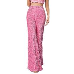 Yassiglia Glitzer Hose Damen Wide Leg High Waist Hose mit Pailletten 70er Elegante Schlaghose Stretch Hosen für Club Party Fest Tanzen (Rosa, M) von Yassiglia