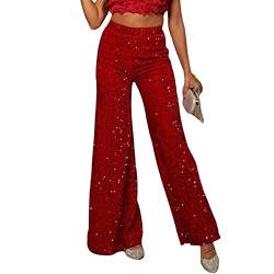 Yassiglia Glitzer Hose Damen Wide Leg High Waist Hose mit Pailletten 70er Elegante Schlaghose Stretch Hosen für Club Party Fest Tanzen (Rot, XL) von Yassiglia