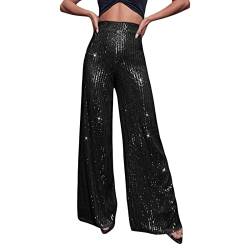 Yassiglia Glitzer Hose Damen Wide Leg High Waist Hose mit Pailletten 70er Elegante Schlaghose Stretch Hosen für Club Party Fest Tanzen (Schwarz A, M) von Yassiglia