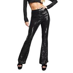 Yassiglia Glitzer Hose Damen Wide Leg High Waist Hose mit Pailletten 70er Elegante Schlaghose Stretch Hosen für Club Party Fest Tanzen (Schwarz B, L) von Yassiglia