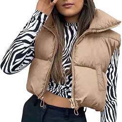 Yassiglia Herbst Winter Weste Damen Leichte Daunenweste ohne Kapuze Zip Up Steppweste mit Reißverschluss Ärmellose Übergangsjacke Kurz, Dick, Warm, Leicht, Outdoor (Hell Braun, M) von Yassiglia