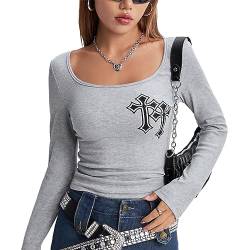 Yassiglia Langarmshirt Damen Eng Elegante Oberteile Y2K Langarm Crop Top Slim Fit Pullover 90s E-Girl Tops Harajuku Punk Oberteil Vintage Shirt Streetwear (Grau, S) von Yassiglia