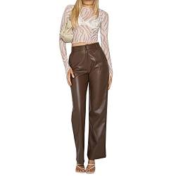 Yassiglia Lederhose Damen High Waist Lederimitat Hose Elegante PU Hosen Sexy Gerade Beine Schlaghose Outdoor Warme Lange Hose Y2K Baggy Hose für Teenager Mädchen (Braun, XL) von Yassiglia