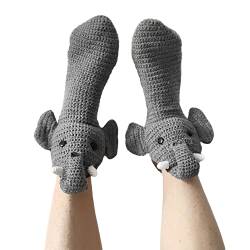 Yassiglia Lustige Socken 3D Cartoon Tier Gestrickte Socken Warme Dicke Wintersocken Stricksocken für Damen Her人Kinder Herbst Winter Rutschfeste Bodensocken (Erwachsene-Grau Elefant, One Size) von Yassiglia