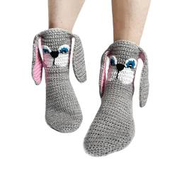 Yassiglia Lustige Socken 3D Cartoon Tier Gestrickte Socken Warme Dicke Wintersocken Stricksocken für Damen Her人Kinder Herbst Winter Rutschfeste Bodensocken (Erwachsene-Grau Hund, One Size) von Yassiglia