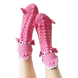 Yassiglia Lustige Socken Warme Dicke Wintersocken 3D Tier Muster Handgestrickte Stoppersocken Winter Bodensocken Weihnachten Socken für Damen Herren Kinder (Kinder-Rosa Krokodil, Free Size) von Yassiglia