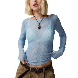 Yassiglia Mesh Oberteil Damen Sexy Durchsichtig Spitzen Oberteile Elegant Eng Langarmshirt Y2K Crop Top Langarm Unterhemd Leichte Tops Party Outfit (Blau, S) von Yassiglia