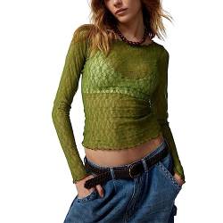 Yassiglia Mesh Oberteil Damen Sexy Durchsichtig Spitzen Oberteile Elegant Eng Langarmshirt Y2K Crop Top Langarm Unterhemd Leichte Tops Party Outfit (Grün, XL) von Yassiglia