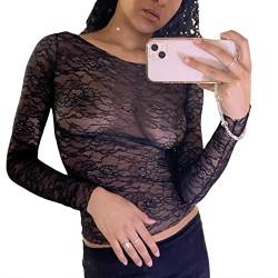 Yassiglia Mesh Oberteil Damen Sexy Durchsichtig Spitzen Oberteile Elegant Eng Langarmshirt Y2K Crop Top Langarm Unterhemd Leichte Tops Party Outfit (Schwarz D, M) von Yassiglia