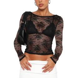 Yassiglia Mesh Oberteil Damen Sexy Durchsichtig Spitzen Oberteile Elegant Eng Langarmshirt Y2K Crop Top Langarm Unterhemd Leichte Tops Party Outfit (Schwarz Rückenfrei, L) von Yassiglia