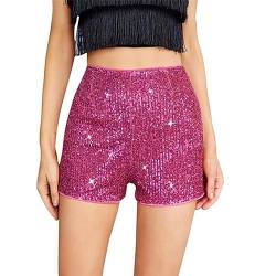 Yassiglia Pailletten Shorts Damen Sexy Bodycon Kurze Hose Sommer Hohe Taille Stretch Kurzhose Retro Glänzende Shorts Club Party Y2K Outfit (Rosa, M) von Yassiglia