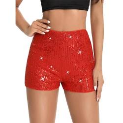 Yassiglia Pailletten Shorts Damen Sexy Bodycon Kurze Hose Sommer Hohe Taille Stretch Kurzhose Retro Glänzende Shorts Club Party Y2K Outfit (Rot, XL) von Yassiglia