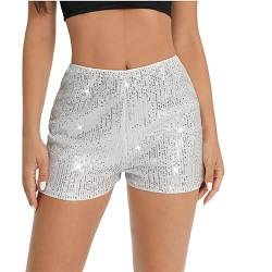 Yassiglia Pailletten Shorts Damen Sexy Bodycon Kurze Hose Sommer Hohe Taille Stretch Kurzhose Retro Glänzende Shorts Club Party Y2K Outfit (Weiß, S) von Yassiglia