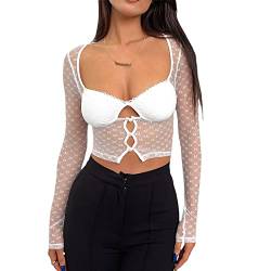 Yassiglia Sexy Bauchfreie Tops Damen Durchsichtig Mesh Langarmshirt Slim Fit Low Cut Crop Top Langarm Spitzen Patchwork Oberteile Elegante Party Shirts Streetwear (Weiß, S) von Yassiglia