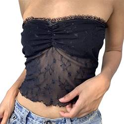 Yassiglia Sexy Lace Tube Top Sommer Elegant Bandeau Top Y2K Ärmellose Schulterfrei Crop Top Trägerlose Spitzen Patchwork Oberteile (Schwarz-C, S) von Yassiglia