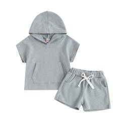 Yassiglia Sommer Bekleidungssets Für Baby Jungen Hooded T-Shirt + Shorts Sets Kleinkind Weiches Kleidung Set Neugeborene Zweiteiler Outfit (Blau Grau, 2-3 Years) von Yassiglia