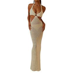 Yassiglia Sommer Häkelkleid Damen Elegant Sommerkleid Lang Strandkleid Y2K Hollow Out Maxikleid Sexy Transparent Gestrickt Kleid Bikini Cover Up (Weiß B, M) von Yassiglia