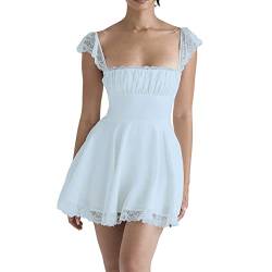 Yassiglia Sommerkleid Damen Elegant Vintage A-Linie Kleid Kurzarm Spitzenkleid Sommer Kurz Minikleid Petticoat Kleid mit Rüsche (Blau, M) von Yassiglia