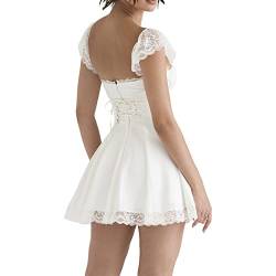 Yassiglia Sommerkleid Damen Elegant Vintage A-Linie Kleid Kurzarm Spitzenkleid Sommer Kurz Minikleid Petticoat Kleid mit Rüsche (Weiß, XL) von Yassiglia